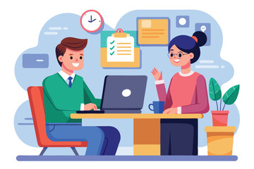 Obraz premium Job candidate participates in virtual interview while seated at a desk in a contemporary workspace with digital elements and plant decor