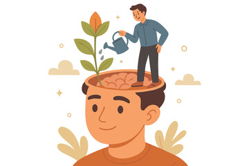 Personal growth mindset concept. Man watering plant sprouting from brain. Self improvement, mental health, positive thinking, nurturing mind, psychology, motivation. Vector cartoon illustration.