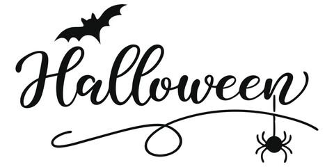 Festive Halloween background with dark silhouettes of bats and spiders framing bold seasonal lettering.