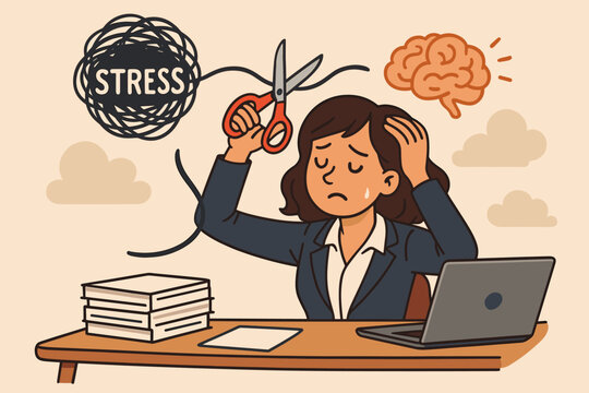 Stressed businesswoman cutting stress metaphor with scissors at office desk, mental health relief, burnout prevention, anxiety management, workplace wellness, vector cartoon illustration