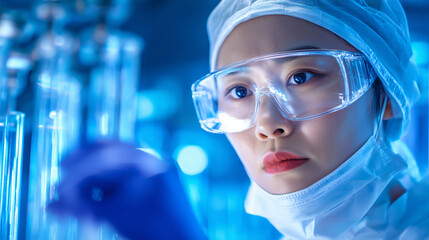 A researcher in protective gear focuses intently on test tubes filled with liquid in a cutting-edge laboratory