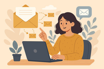 Woman Sending Emails Online, Digital Communication and Email Marketing Concept, Cartoon Vector Illustration of Remote Work, Internet Messaging, Office Desk, Laptop, Envelopes, Modern Technology