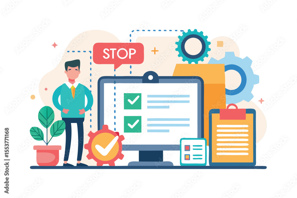 Poster detailed overview of standard operating procedure with vector illustration showing checklists, gears