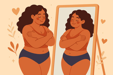 Woman admiring reflection in mirror embracing self-love body positivity concept vector cartoon illustration confident female self acceptance mental health empowerment beauty