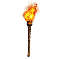 Torch with fire, lit torch with a bright flame, isolated on transparent background