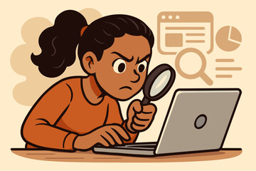 Curious woman analyzing online information with magnifying glass, laptop, and data icons. Digital research, internet search, web browsing, knowledge discovery, cartoon vector illustration
