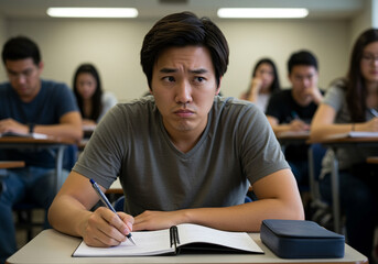 Puzzled male student taking notes during class