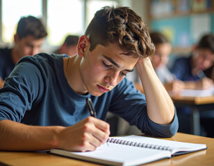 Exhausted Teen Student Leaning Over Desk in Class