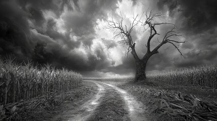 A barren cornfield path under a stormy sky.