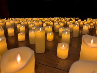Vasto Campo de Velas de LED Acesas Sobre Piso de Madeira em Ambiente Escuro