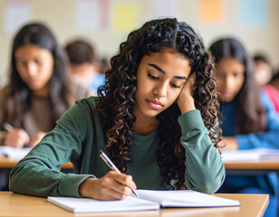 Thoughtful teenage girl sitting in class with head resting on hand and blank notebook