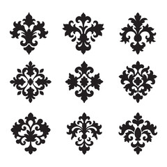 Elegant Black and White Damask Ornament Set for Design Icon Vector..