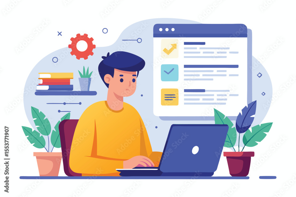 Poster programmer focused on writing code on a laptop in a modern workspace filled with plants and digital 