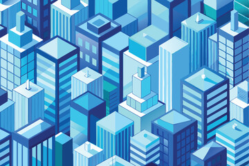 Blue abstract urban design showcasing a seamless pattern of towering buildings and structures illuminated in soft hues