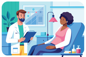 Doctor discusses chemotherapy treatment options with a patient in a clinical setting smoothly and supportively