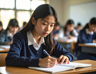 Teen Student Sitting at Desk with Blank Notebook