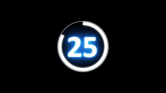Circle countdown timer one minute animation from 30 to 0 second animation on black background. On transparent background with alpha channel A classic Hollywood movie countdown going from 30 to 0 in a 