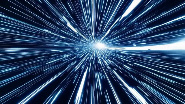 Loopable hyperspace tunnel video with glowing blue light streaks and central burst, sci-fi warp speed travel animation for futuristic motion background - Powered by Adobe