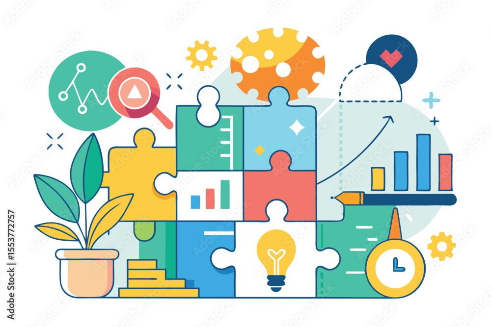 Poster startup business analysis using puzzles and visual elements to illustrate growth strategies and data