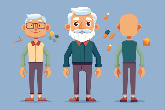Elderly man character design featuring various angles and details for animation development, showcasing personality traits and accessories