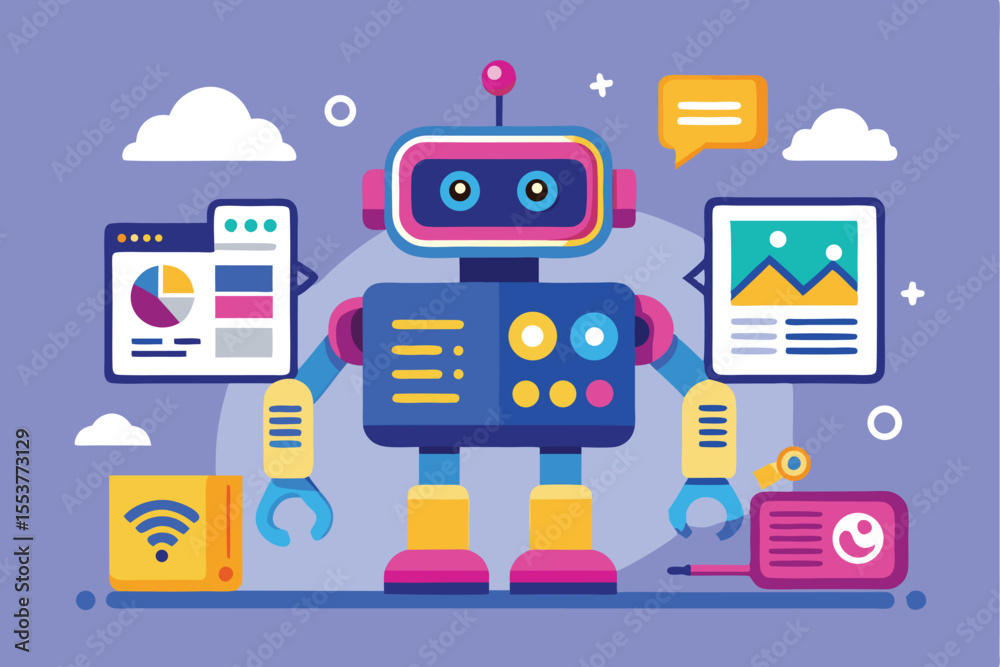 Poster ai robot generates digital content and interacts with various applications in a colorful, modern set