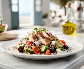 Grilled Chicken Quinoa Mediterranean Delight A Healthy and Flavorful Meal with Fresh Vegetables, Feta, and Olives Perfect for a Wholesome Lunch or Dinner