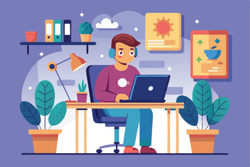 Vector illustration of a programmer working on a laptop in a home office environment with plants and decor