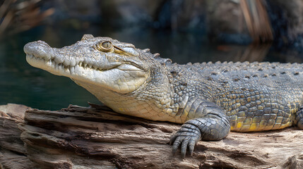 Obraz premium Crocodile, Large reptile with tough skin and jaws basking near driftwood