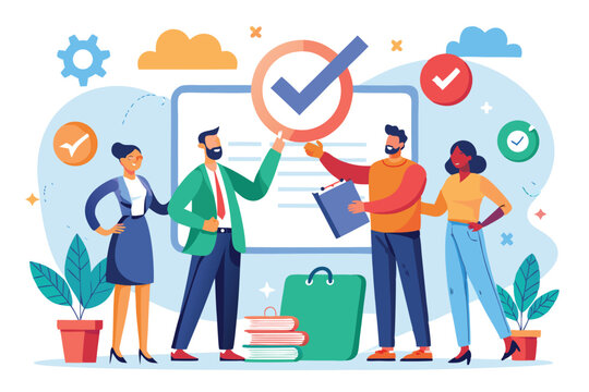 Business professionals reaching an agreement in a collaborative workspace with charts and checkmarks in the background showcasing teamwork and decision making