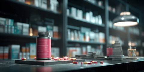 Modern Pharmacy Counter A Variety of Medications and Supplements on Display, Representing Healthcare, Research, and Wellness Solutions for Patients