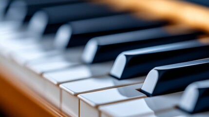 Close-up of piano keys highlighting the elegant details and craftsmanship in a bright indoor setting with warm light