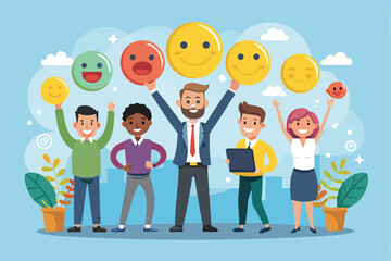 Fototapeta premium Employee engagement concept illustrated in a cartoon style showcasing a diverse group of individuals celebrating their happiness with smiley faces in a cheerful office environment