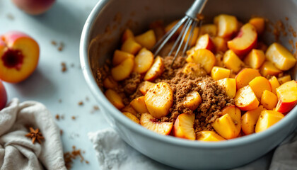 Fresh peach slices with brown sugar in mixing bowl for summer dessert prep
