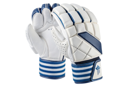 Pair of white and blue cricket batting gloves isolated on transparent background