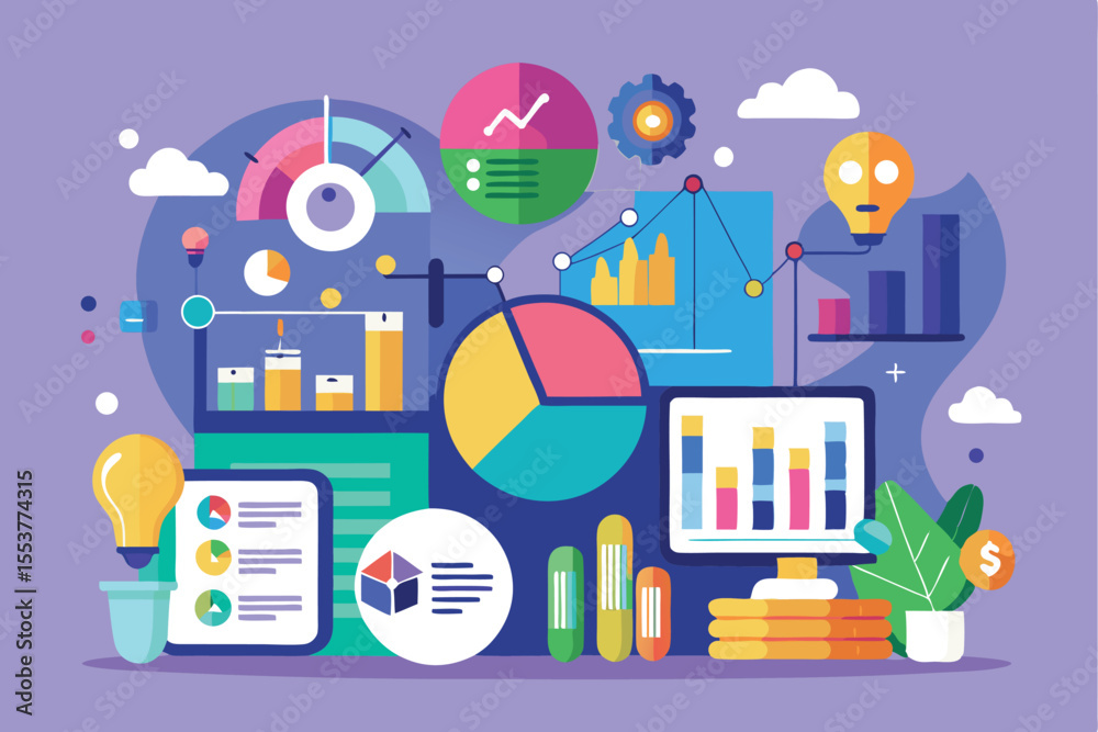 Poster infographic data concept showcasing various elements of data visualization in a colorful and engagin
