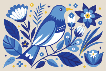 Fototapeta premium Colorful blue and white vector art featuring a bird surrounded by lush floral elements in a playful and vibrant design