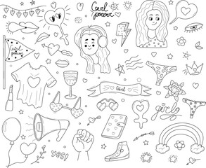 Hand drawn doodle vector illustration with various girl power themed elements. Includes feminist symbols, fashion accessories, makeup, hearts, stars, flowers, and motivational phrases. Perfect for pos