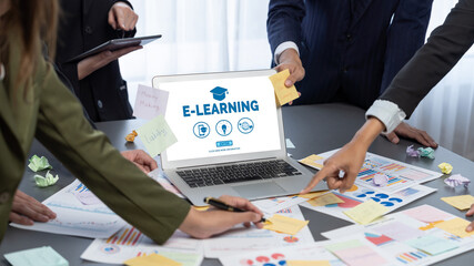 Analyst team use sticky note for creative and analytic brainstorm for business idea with BI data...