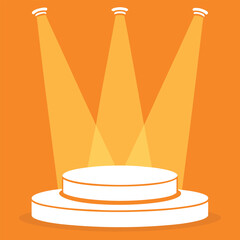 A minimalist illustration of a three tiered white podium illuminated by three bright yellow spotlights against a vibrant orange background symbolizing achievement and recognition