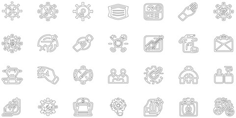 Set of black line icon relared to corona virus with outline pattern abstract background, virus effect make icon of line and symbol modern tecnology seamless pattern of geometric shape icon set design.