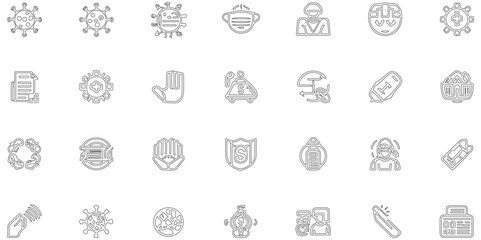 Set of black line icon relared to corona virus with outline pattern abstract background, virus effect make icon of line and symbol modern tecnology seamless pattern of geometric shape icon set design.