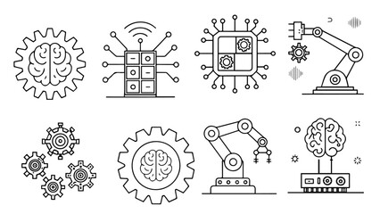  AI & Robotics Intelligence Icons - Brain, Gear, Microchip, Robotic Arm, Automation, Artificial Intelligence Vector