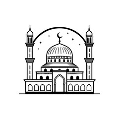 Islamic Mosque Icon with Dome and Minaret in Simple Line Art – Suitable for Ramadan, Eid Mubarak, Religious Applications, Website Design, and Cultural Projects – Editable Vector Format