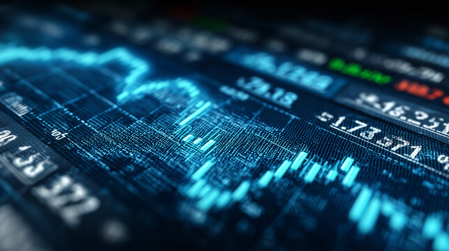 Traders observe real-time stock market fluctuations with detailed graphs and numerical data displayed on multiple monitors in a dimly lit environment