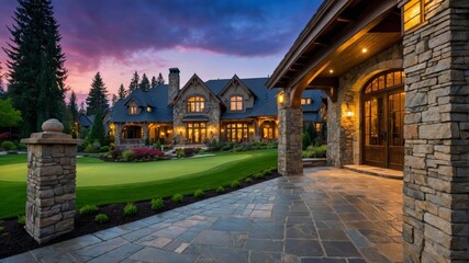Luxurious Stone Mansion With Beautifully Landscaped Gardens at Dusk, Showcasing Elegant Architecture and a Serene Atmosphere