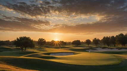 Sunrise Over a Golf Course With Gentle Mist and Dramatic Clouds Creating a Serene Early Morning Atmosphere for Golf Enthusiasts