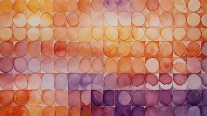 Abstract Watercolor Artwork Featuring Circular Patterns in Vibrant Shades of Orange and Purple Against a Textured Background