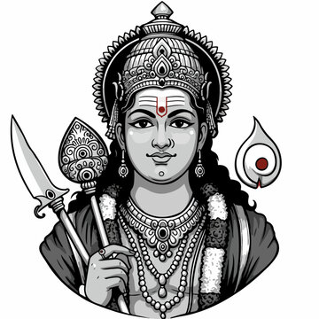 Detailed illustration of Hindu deity Murugan, son of Shiva and Parvati, holding vel and sakti. This detailed portrait shows Murugan's serene expression and ornate attire.