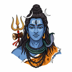 Hindu god Shiva with trishul and snake. Detailed illustration of Lord Shiva, a major deity in Hinduism.  Image of Shiva perfect for religious prints, spiritual artwork, and Hindu themed designs.