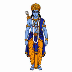 Fototapeta premium Lord Rama image, Hindu deity in blue and gold attire, carrying bow and arrow. Detailed illustration of Rama, a prominent figure in Hindu mythology, showcasing his traditional clothing and accessories.